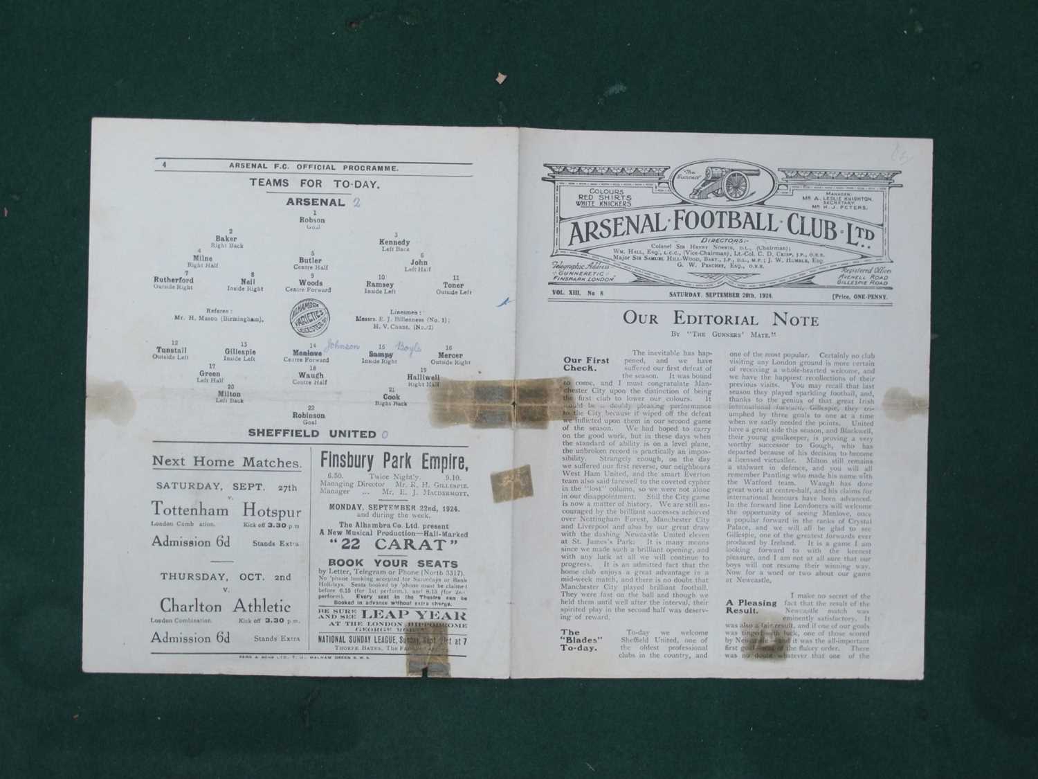 Lot 388 - 1924-25 Arsenal v. Sheffield United Four Page...