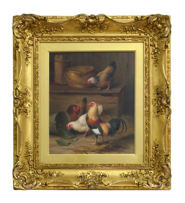 Lot 1156 - EDGAR HUNT (1876-1953), Poultry in a barn, oil...