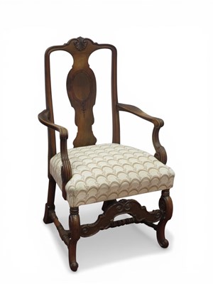 Lot 1536 - XX Century Walnut Open Armchair, top rail with...