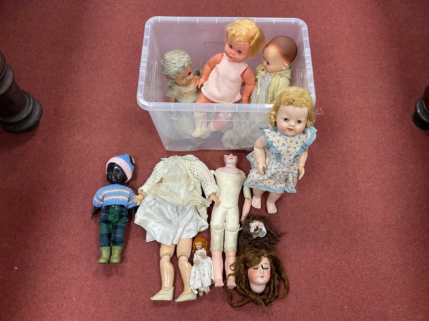 Lot 343 - Five Plastic / Rubber headed dolls (Pedigree...