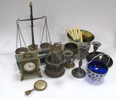 Lot 1322 - Metalware, including brass scales, bird cage,...