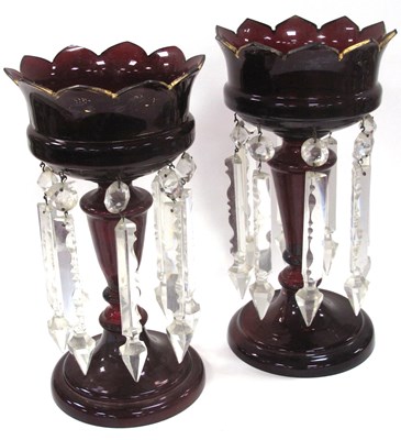 Lot 1191 - A Pair of Victorian Cranberry Glass Lustres,...