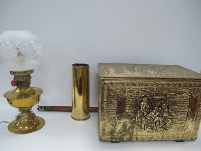 Lot 1418 - Brass Log Box, oil lamp, shell case, walking...