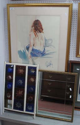 Lot 1463 - Blue & Red Glass Star Cut Window Panels, circa...