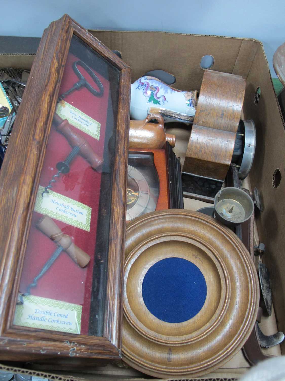 Lot 1007 - Cased Display of Old Corkscrews, clocks,...