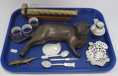 Lot 1368 - Brass Recumbent Cat, 30cm wide, Kaleidoscope,...