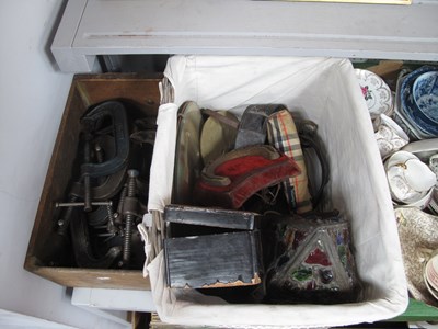 Lot 1153 - G. Clamps, table lamp, horseshoe and straps,...