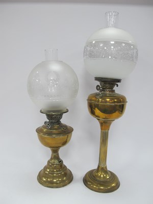 Lot 1404 - Two Brass Oil Lamps with shades and funnels.
