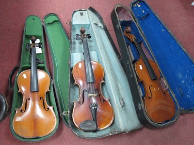 Lot 1420 - Three antique hard cased violins, with a...