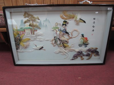 Lot 1426 - A large wooden framed Chinese shell carving...
