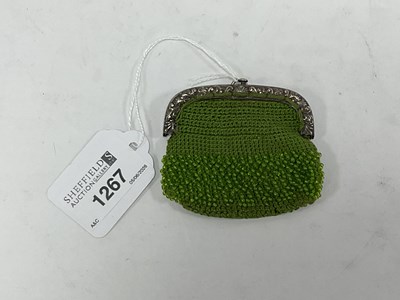 Lot 1267 - Georgian Silver Clasped Purse, in green beads,...